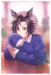Rule 34 | 1girl, air shakur (umamusume), alternate costume, animal ears, black hair, blue sweater, blurry, blurry background, closed mouth, collared shirt, commentary request, ears through headwear, elbow rest, eyebrow piercing, glint, grey hat, hat, highres, holding, holding phone, horse ears, lens flare, long hair, parted bangs, phone, piercing, shirt, sleeves past wrists, solo, sweater, table, tsutsu (hinanjo 22), twitter username, umamusume, upper body, white shirt, yellow eyes