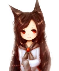 Rule 34 | 1girl, absurdres, amano jack, animal ears, backpack, bad id, bad pixiv id, bag, brooch, brown eyes, brown hair, fang, highres, imaizumi kagerou, jewelry, long hair, long sleeves, looking at viewer, open mouth, shirt, solo, tears, touhou, transparent background, upper body, very long hair, wide sleeves, wolf ears