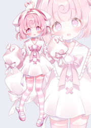 Rule 34 | 1girl, ahoge, bandaged neck, bandages, blush, bow, dress, full body, heart, heart ahoge, highres, indie virtual youtuber, mata, momone chinoi, official art, pink bow, pink eyes, pink hair, pink thighhighs, sleeves past fingers, sleeves past wrists, solo, striped, striped thighhighs, thighhighs, virtual youtuber, white dress, white thighhighs