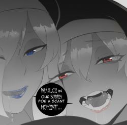 2girls, blue eyes, blue lips, close-up, drooling, face, fangs, habit, hair between eyes, hair over one eye, looking at viewer, multiple girls, nun, nyantcha, open mouth, original, red eyes, scar, scar on face, shared speech bubble, short hair, siblings, sisters, speech bubble, white hair