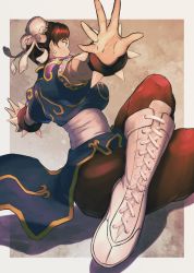 Rule 34 | 1girl, boots, bracelet, breasts, brown hair, bun cover, capcom, china dress, chinese clothes, chun-li, commentary request, double bun, dress, earrings, hair bun, highres, jewelry, medium breasts, open hands, pantyhose, sash, solo, spiked bracelet, spikes, street fighter, yuenibushi