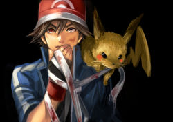 Rule 34 | 10s, 1boy, angry, ash ketchum, bandages, black background, blood, blood on face, bloody bandages, brown eyes, brown hair, creatures (company), fingerless gloves, game freak, gen 1 pokemon, gloves, hat, heterochromia, jacket, looking at viewer, nintendo, pikachu, pokemon, pokemon (anime), pokemon (creature), pokemon bw, red eyes, short hair, simple background, unico (artist)