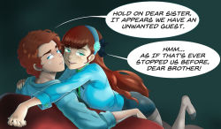 Rule 34 | 1boy, 1girl, aqua eyes, aqua vest, brooch, brother and sister, brown hair, collared shirt, dark persona, dipper gleeful, facial mark, forehead mark, formal, gem, glowing jewelry, gravity falls, hair ornament, hairband, imminent kiss, implied incest, jewelry, long hair, mabel gleeful, no shoes, pantyhose, pencil skirt, shirt, short hair, siblings, skirt, swept bangs, text focus, twins