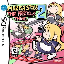 Rule 34 | 6+girls, alice margatroid, blonde hair, bow, commentary, cover, doll, english commentary, english text, hair bow, hairband, handheld game console, highres, kirisame marisa, long hair, mario vs. donkey kong 2: march of the minis, multiple girls, nintendo ds, oysterfried, parody, red bow, red hairband, sack, shanghai doll, sword, touhou, video game cover, weapon