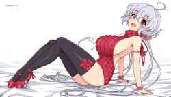 Rule 34 | 1girl, ahoge, arm support, armband, backless dress, backless outfit, black thighhighs, breasts, cable knit, dress, from side, full body, grey hair, high heels, highres, large breasts, leaning back, long hair, looking at viewer, low twintails, meme attire, open mouth, pink scrunchie, platform footwear, platform heels, purple eyes, red footwear, red sweater, ribbed dress, ribbed sweater, scrunchie, senki zesshou symphogear, sideboob, simple background, sitting, sleeveless, sleeveless dress, sleeveless sweater, sleeveless turtleneck, smile, solo, sweater, sweater dress, thighhighs, thighs, turtleneck, turtleneck sweater, twintails, very long hair, virgin killer sweater, virus-g, white background, yukine chris