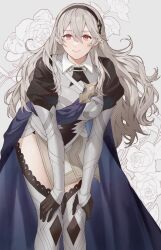 Rule 34 | 1girl, ai tkkm, armor, black gloves, black hairband, blue cape, cape, closed eyes, commentary, corrin (female) (fire emblem), corrin (fire emblem), fire emblem, fire emblem fates, flower, gloves, grey background, grey hair, hair between eyes, hair ornament, hairband, highres, long hair, looking at viewer, nintendo, pointy ears, red eyes, simple background, smile, solo, thighs, white flower
