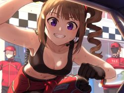 Rule 34 | 1girl, 2boys, baseball cap, breasts, brown hair, cleavage, commentary, drill hair, faceless, faceless male, fist bump, gloves, grin, hat, headset, idolmaster, idolmaster million live!, idolmaster million live! theater days, kamille (vcx68), looking at viewer, multiple boys, navel, pov, purple eyes, side ponytail, smile, sports bra, sweat, yokoyama nao