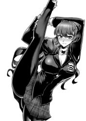 Rule 34 | 1girl, absurdres, ass, atlus, blazer, blush, breasts, drooling, gggg, greyscale, highres, jacket, looking at viewer, megami tensei, monochrome, pantyhose, persona, persona 5, persona 5 the royal, ponytail, school uniform, skirt, smile, solo, split, standing, standing on one leg, standing split, sweat, turtleneck, yoshizawa kasumi