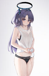 Rule 34 | 1girl, absurdres, black bra, black panties, blue archive, blush, bra, closed mouth, collarbone, halo, highres, liwen520, long hair, looking at viewer, mechanical halo, panties, purple eyes, purple hair, simple background, solo, tank top, two side up, underwear, wet, white background, white tank top, yuuka (blue archive)