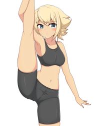 Rule 34 | 1girl, aqua eyes, arm up, blonde hair, blush, breasts, closed mouth, dark-skinned female, dark skin, hair between eyes, inazuma eleven (game), inazuma eleven (series), inazuma eleven go, leg up, navel, shiny clothes, short hair, shorts, simple background, solo, standing, white background