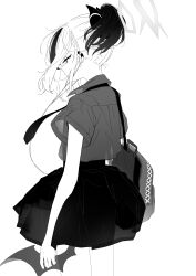 Rule 34 | 1girl, absurdres, alternate costume, bag, blue archive, collared shirt, cowboy shot, demon horns, demon wings, greyscale, halo, high ponytail, highres, horns, kayoko (blue archive), long hair, monochrome, multicolored hair, necktie, negiuma, school bag, shirt, short sleeves, simple background, single wing, skirt, solo, white background, wings