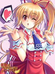 Rule 34 | 1girl, blonde hair, blowing kiss, breasts, choker, cleavage, cuffs, frills, heart, ikeda yasuhiro, long hair, lowres, maid, medium breasts, mugen no fantasia, one eye closed, ponytail, red eyes, simple background, sleeveless, solo, spoken heart, wink, wrist cuffs