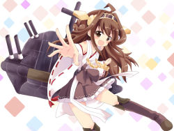 Rule 34 | 10s, 1girl, ahoge, bare shoulders, blush, boots, brown hair, detached sleeves, double bun, hair ornament, hairband, headgear, japanese clothes, kantai collection, kongou (kancolle), long hair, massala, open mouth, outstretched arm, personification, skirt, smile, solo, thigh boots, thighhighs