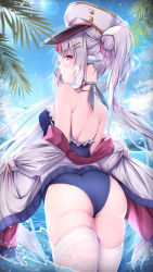 Rule 34 | ass, back, beach, blue sky, blush, cloud, frilled swimsuit, frills, grey hair, hair ribbon, hat, highres, holding, holding clothes, japanese clothes, long hair, long sleeves, looking at viewer, looking back, manman manyou haiyang de paomo, neck ribbon, ocean, one-piece swimsuit, open clothes, original, partially submerged, red eyes, ribbon, sidelocks, sky, sleeves past wrists, swimsuit, swimsuit under clothes, thighs, twintails, very long hair, wading, water, white legwear