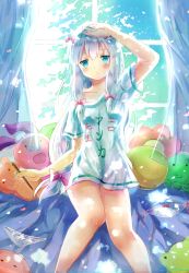 Rule 34 | 1girl, absurdres, arm up, blue eyes, blush, bow, collarbone, eromanga sensei, hair bow, highres, holding, holding pen, iceblue, izumi sagiri, long hair, looking at viewer, low-tied long hair, naked shirt, parted lips, pen, pink bow, shirt, short sleeves, silver hair, sitting, solo, very long hair, white shirt