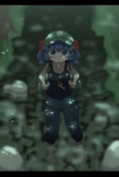 Rule 34 | 1girl, backpack, bag, barefoot, black tank top, blue eyes, blue hair, blue pants, blush, breasts, cargo pants, commentary request, flat cap, full body, green hat, hair bobbles, hair ornament, hat, highres, jewelry, kawashiro nitori, key, letterboxed, looking at viewer, medium breasts, medium hair, necklace, onaji (sokudo seigen), open mouth, pants, pocket, short twintails, solo, standing, tank top, touhou, twintails, two side up, wading, water