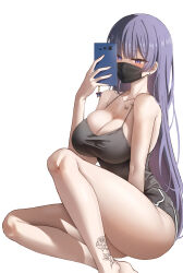 Rule 34 | 1girl, absurdres, biya (1024), breasts, cellphone, dolphin shorts, highres, large breasts, long hair, mask, phone, purple eyes, purple hair, shorts, sitting, smartphone, solo, tattoo, white background