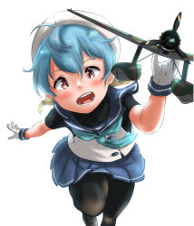 Rule 34 | 1girl, aircraft, airplane, beret, blonde hair, blouse, blue hair, blue skirt, gloves, hair between eyes, hat, highres, kantai collection, looking at viewer, miniskirt, multicolored hair, neckerchief, open mouth, pantyhose, red eyes, running, sado (kancolle), shirt, simple background, skirt, sleeveless, sleeveless shirt, solo, tama (tamago), twintails, white background, white gloves