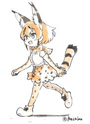 Rule 34 | 10s, 1girl, :d, animal ears, blue eyes, bow, bowtie, caracal (kemono friends), commentary, elbow gloves, extra ears, full body, fusion, gloves, hair between eyes, highres, kemono friends, open mouth, orange hair, panzuban, print bow, print bowtie, print gloves, print neckwear, print skirt, print thighhighs, serval (kemono friends), serval print, serval tail, shirt, short hair, simple background, skirt, sleeveless, sleeveless shirt, smile, solo, tail, thighhighs, traditional bowtie, twitter username, walking, white background, white shirt