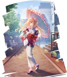 Rule 34 | 1girl, admiral hipper (azur lane), admiral hipper (sunshine by the hot spring) (azur lane), azur lane, blonde hair, chair, day, green eyes, hair ribbon, highres, holding, holding umbrella, japanese clothes, kimono, leaf, light blush, long hair, official art, open mouth, outdoors, parasol, red ribbon, ribbon, riichu, sandals, see-through, socks, solo, stairs, standing, tabi, transparent background, tree, two side up, umbrella, white socks, wind, zouri