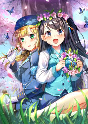 Rule 34 | 2girls, armband, black hair, blonde hair, blue eyes, blush, bug, butterfly, emilia (krt girls), flower, green eyes, head wreath, head wreath removed, highres, himonoata, insect, krt girls, long hair, looking at viewer, multiple girls, one side up, open mouth, pencil skirt, skirt, uniform, vest, xiao qiong