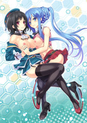 Rule 34 | 10s, 2girls, aoki hagane no arpeggio, arm around waist, belt, beret, black hair, black legwear, black panties, blue eyes, blue hair, blush, breasts, clothes lift, crossover, full body, garter straps, hat, hexagon, high heels, holding hands, honeycomb (pattern), honeycomb background, honeycomb pattern, interlocked fingers, kantai collection, large breasts, long hair, midriff, miniskirt, mole, mole under mouth, multiple girls, nail polish, name connection, navel, neckerchief, nipples, open clothes, own hands together, panties, parted lips, pleated skirt, ponytail, red eyes, shirt lift, shoes, sidelocks, skirt, takao (aoki hagane no arpeggio), takao (kancolle), thighhighs, underwear, urabi (tomatohouse), very long hair, wrist cuffs