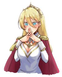 Rule 34 | 1girl, absurdres, blonde hair, blue eyes, blush, breasts, cape, cleavage, cleavage cutout, clothing cutout, commentary request, female focus, genderswap, genderswap (mtf), geordo stuart, hair between eyes, hands up, highres, long hair, long sleeves, medium breasts, mutton (user hafp8324), otome game no hametsu flag shika nai akuyaku reijou ni tensei shite shimatta, own hands together, princess, red cape, simple background, solo, tiara, upper body, white background