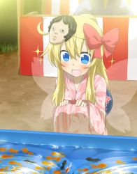 Rule 34 | 1girl, alternate costume, blonde hair, blue eyes, blush, bow, fairy wings, festival, fish, floral print, goldfish, goldfish scooping, hair bow, happy, highres, japanese clothes, kimono, lily white, long hair, long sleeves, mask, mouth mask, nobamo pieruda, open mouth, pink kimono, smile, solo, sparkle, squatting, staring, touhou, wide-eyed, wide sleeves, wings, yukata