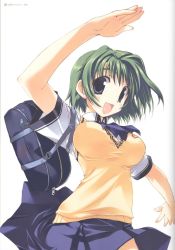 Rule 34 | 00s, 1girl, :d, amazuyu tatsuki, bag, blue eyes, breasts, comic party, green hair, highres, large breasts, neckerchief, official art, ooba eimi, open mouth, outstretched arm, school bag, school uniform, shirt, short hair, short sleeves, skirt, smile, solo, vest, white background
