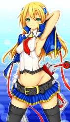 Rule 34 | 1girl, absurdres, arm behind head, armpits, blazblue, blonde hair, breasts, green eyes, gun, highres, legs, long hair, midriff, naughty face, navel, noel vermillion, sideboob, skirt, small breasts, smile, solo, thick thighs, thighhighs, thighs, weapon