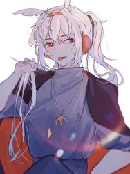 Rule 34 | 1boy, bai xiao, bishounen, grey hair, hand in own hair, headphones, highres, kunsile29951, lens flare, looking at viewer, male focus, pointy hair, ponytail, sky: children of the light, solo, tongue, tongue out, white hair