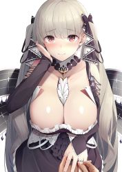 Rule 34 | 1girl, azur lane, between breasts, black dress, blush, breasts, cleavage, closed mouth, dress, earrings, formidable (azur lane), frilled dress, frills, grey hair, jewelry, large breasts, long hair, looking at viewer, marriage proposal, nail polish, ornate ring, red eyes, ribbon, ring, simple background, smile, solo, solo focus, twintails, two-tone dress, two-tone ribbon, umihotaru harumare, very long hair, white background