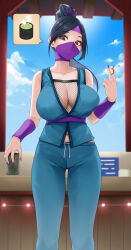 Rule 34 | 1girl, absurdres, arm guards, bare shoulders, black hair, blue pants, blue shirt, breasts, cleavage, cup, dave the diver, fishnets, headband, highres, holding, holding cup, itsuki (dave the diver), japanese clothes, large breasts, mask, mintrocket, mouth mask, nexon, ninja, ninja mask, noir (4chan), pants, parted bangs, ponytail, purple headband, purple nails, red eyes, shirt, sleeveless, sleeveless shirt, solo, v