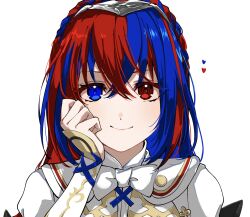 Rule 34 | 1girl, absurdres, adapted costume, alear (female) (fire emblem), alear (fire emblem), armor, blue eyes, blue hair, braid, crossed bangs, crown braid, fire emblem, fire emblem engage, hand on own face, heterochromia, highres, illust mi, jewelry, long hair, looking at viewer, multicolored hair, nintendo, red eyes, red hair, smile, solo, split-color hair, tiara, two-tone hair, very long hair