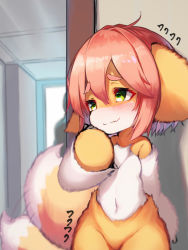 Rule 34 | 1girl, absurdres, animal ears, animal nose, blush, body fur, closed mouth, commentary request, fang, furry, furry female, green eyes, hair between eyes, highres, indoors, looking at another, multicolored hair, navel, nude, original, pink hair, red hair, short hair, skin fang, smile, solo focus, tab head, tail, tail wagging, thick eyebrows, two-tone hair