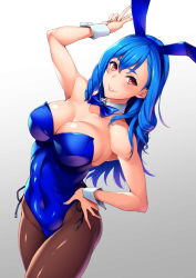 Rule 34 | 1girl, animal ears, bad id, bad pixiv id, bare shoulders, blue hair, blue leotard, blush, bow, bowtie, breasts, cleavage, collarbone, covered navel, detached collar, fake animal ears, gradient background, hand on own hip, hand up, highleg, highleg leotard, large breasts, leotard, long hair, looking at viewer, minori (sugarbeat), original, pantyhose, parted lips, playboy bunny, rabbit ears, red eyes, sidelocks, simple background, skindentation, smile, solo, sugarbeat, wrist cuffs