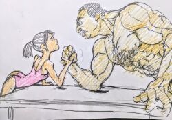 Rule 34 | 1boy, 1girl, arm wrestling, body hair, competition, facial hair, highres, leotard, muscular, muscular male, mustache, ponytail, sim kyrm, sketch, table, traditional media