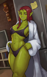 Rule 34 | 1girl, abs, bathrobe, black bra, black panties, book, bookshelf, bra, braid, breasts, brick wall, colored skin, ethrkart, fangs, female orc, green skin, indoors, leaning back, lingerie, long hair, looking at viewer, navel, open clothes, open robe, orange eyes, orc, original, panties, pointy ears, red hair, refrigerator, robe, small breasts, smile, solo, sticky note, television, thick thighs, thighs, tiki idol, toned, tusks, underwear, white robe
