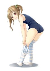 Rule 34 | 1girl, ass, brown eyes, brown hair, from behind, leaning forward, long hair, looking back, one-piece swimsuit, open mouth, original, school swimsuit, shibacha (shibacha 0728), smile, solo, striped clothes, striped thighhighs, swimsuit, thighhighs, thighhighs pull, twintails