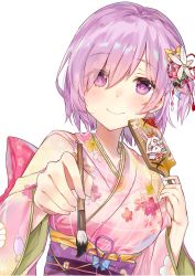Rule 34 | 1girl, alternate costume, bad id, bad twitter id, blush, breasts, calligraphy brush, closed mouth, eyes visible through hair, fate/grand order, fate (series), floral print, flower, hair between eyes, hair flower, hair ornament, highres, holding, japanese clothes, kimono, long sleeves, looking at viewer, mash kyrielight, medium breasts, nana kagura, obi, paintbrush, pink kimono, purple eyes, purple hair, sash, short hair, simple background, smile, solo, upper body, white background, wide sleeves