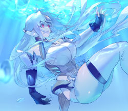 Rule 34 | 1girl, absurdres, android, blue hair, breasts, cyborg, fingerless gloves, forehead protector, gloves, highres, kos-mos, large breasts, long hair, negresco, red eyes, solo, thighs, underwater, very long hair, water, xenosaga