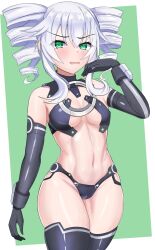 Rule 34 | 1girl, black sister, breasts, cleavage, drill hair, gloves, green eyes, highres, legs, looking at viewer, medium breasts, navel, neptune (series), open mouth, solo, stiris rangetsu, thick thighs, thighs, toned, twin drills, white hair, wide hips