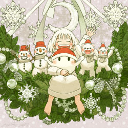 Rule 34 | 1girl, 1other, arm up, barefoot, blush, christmas, closed eyes, crescent, ghost, grey scarf, hat, kohei nakaya, leaf, long sleeves, open mouth, original, pinecone, red headwear, santa hat, scarf, short hair, smile, snowflakes, snowman, stuffed animal, stuffed toy, teddy bear, waving, white hair