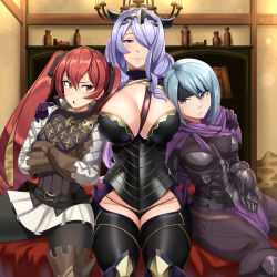 Rule 34 | 3girls, absurdres, armor, arms around neck, beruka (fire emblem), black headband, blue hair, breastplate, breasts, brown eyes, brown gloves, camilla (fire emblem), capelet, castell, cleavage, fire emblem, fire emblem fates, gambeson, gloves, hair between eyes, hair ornament, hair over one eye, headband, highres, large breasts, long hair, looking at viewer, multiple girls, nintendo, pantyhose, parted lips, purple eyes, purple hair, red eyes, red hair, severa (fire emblem), short hair, sitting, thighhighs, twintails, underwear