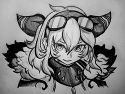 Rule 34 | 1girl, drawfag, fur trim, goggles, goggles on head, greyscale, hair behind ear, hololive, hololive indonesia, jacket, kaela kovalskia, looking at viewer, medium hair, monochrome, open mouth, portrait, smile, solo, traditional media, virtual youtuber