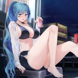 Rule 34 | 1girl, absurdres, barefoot, bikini, bikini top only, blue eyes, blue hair, blush, breasts, building, can, chair, coca-cola, drink, facial mark, feet, food, foot out of frame, fruit, highres, korean commentary, large breasts, legs, lillly, long hair, looking at viewer, navel, night, night sky, open clothes, open mouth, open shirt, original, outdoors, peach, ponytail, railing, raised eyebrows, see-through, shirt, short shorts, shorts, sitting, sky, solo, star (sky), starry sky, stomach, suntory, sweat, swimsuit, thighs, toes, white shirt