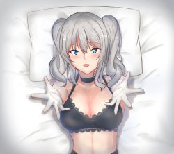Rule 34 | 1girl, black choker, blue eyes, blush, breasts, choker, gloves, grey hair, kantai collection, kashima (kancolle), lace trim, large breasts, looking at viewer, outstretched arm, smile, solo, two side up, underwear, upper body, white gloves, yusha m
