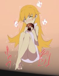 Rule 34 | 1girl, bakemonogatari, bare shoulders, barefoot, blonde hair, blush, breath, doughnut, dress, eating, embarrassed, fang, feet, female focus, flat chest, food, full body, gradient background, hands up, have to pee, heavy breathing, highres, holding, japanese text, knees up, legs together, long hair, looking at viewer, monogatari (series), motion lines, no panties, nose blush, open mouth, orange background, oshino shinobu, pink dress, simple background, sitting, sleeveless, sleeveless dress, solo, sweat, t=k, tears, translation request, trembling, yellow eyes