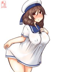 Rule 34 | 1girl, artist logo, blue sailor collar, bow, breasts, brown hair, commentary request, cosplay, covered erect nipples, cowboy shot, dated, dress, drill hair, harukaze (kancolle), hat, hiburi (kancolle), hiburi (kancolle) (cosplay), kanon (kurogane knights), kantai collection, large breasts, leaning forward, long hair, looking at viewer, one-hour drawing challenge, red bow, red eyes, sailor collar, sailor dress, sailor hat, short sleeves, simple background, skirt hold, solo, twin drills, white background, white dress, white hat