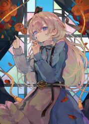 Rule 34 | 1girl, absurdres, alice (alice in wonderland), alice in wonderland, apron, black curtains, black ribbon, blonde hair, blue dress, blue eyes, blue nails, bow, cha goma, dress, earrings, flower, hair bow, highres, jewelry, long hair, looking at viewer, petals, ribbon, solo, stained glass